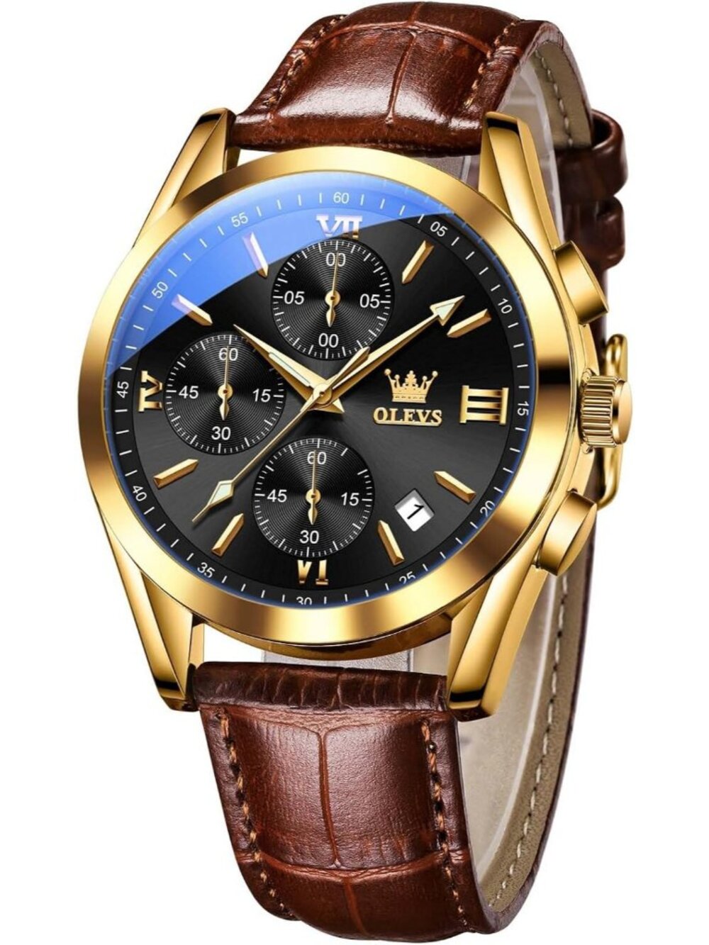 Olevs Men's Gold Black Analog Leather Large Face Date Luxury Design Wrist Watch